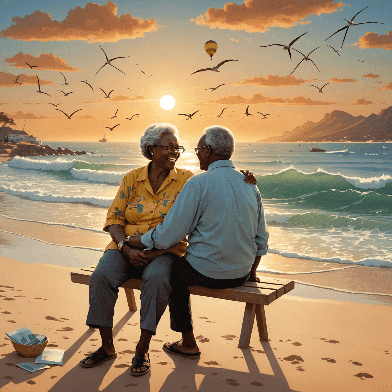 An illustration showing a happy retired couple enjoying a sunset on a South African beach, with financial graphs and charts in the background symbolizing successful retirement planning