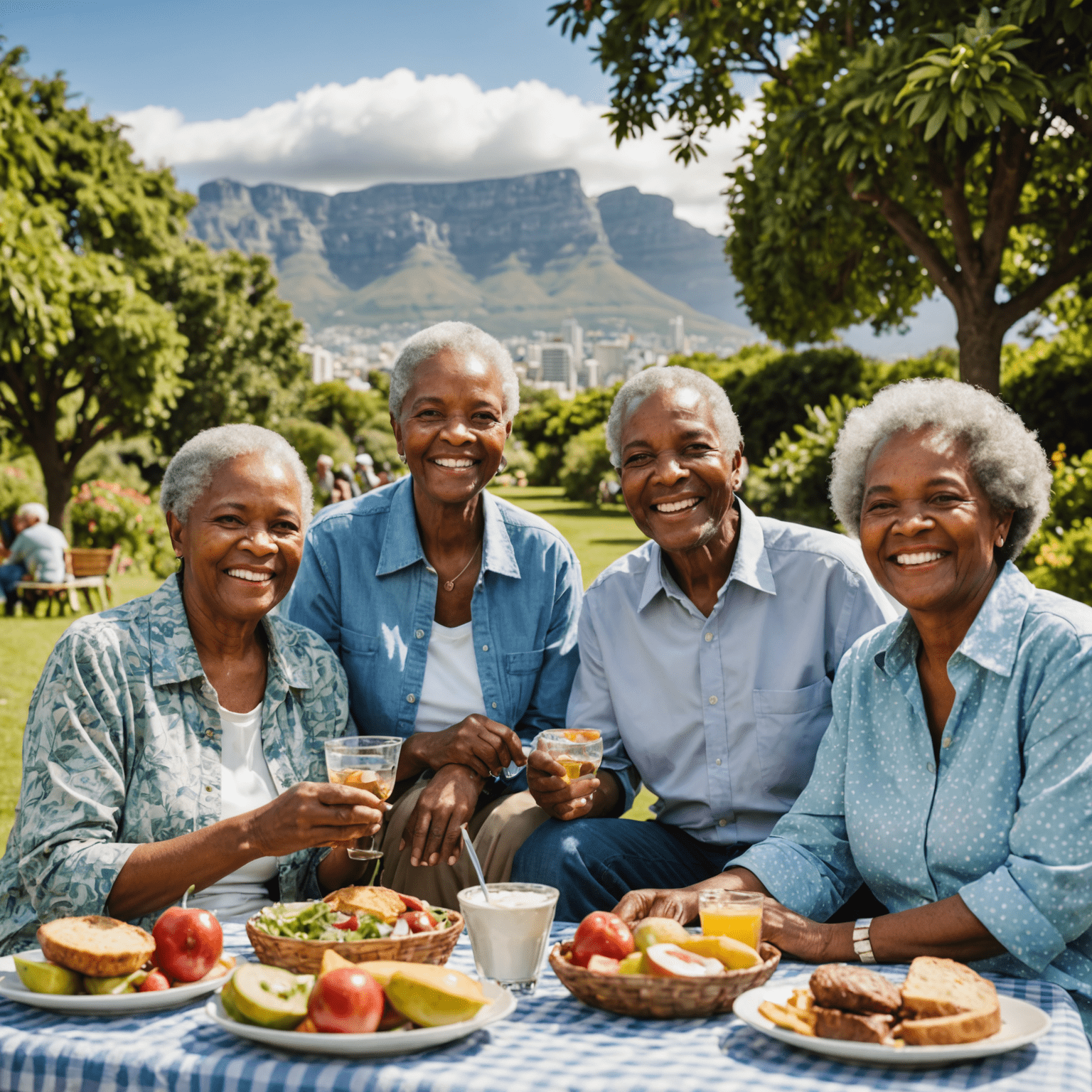 A diverse group of smiling South African retirees enjoying a picnic in a lush garden, with Table Mountain visible in the background. The image showcases the peace and financial security that comes with proper retirement planning.