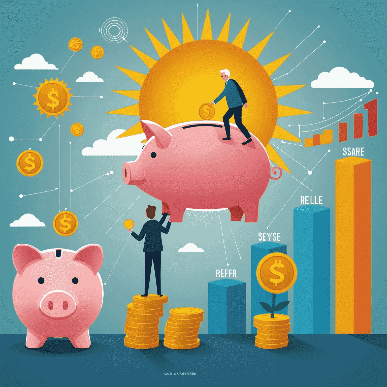 An illustration showing a person standing on a financial graph that rises towards a sun labeled 'Retirement'. The person is placing coins into a piggy bank, symbolizing saving for the future. In the background, there are icons representing different retirement account types and financial instruments.