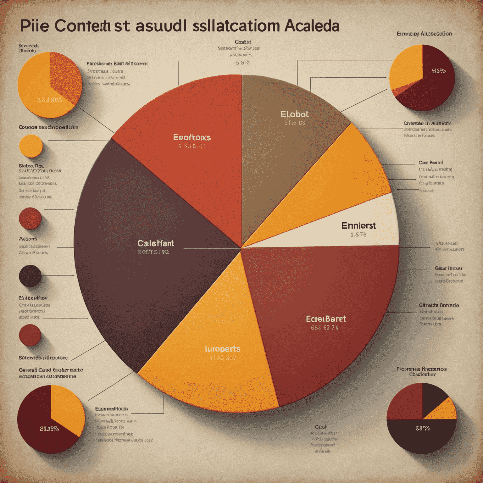 A pie chart showing asset allocation with sections for stocks, bonds, and cash equivalents. The chart uses warm earth tones like deep red, orange, and yellow to represent different asset classes.