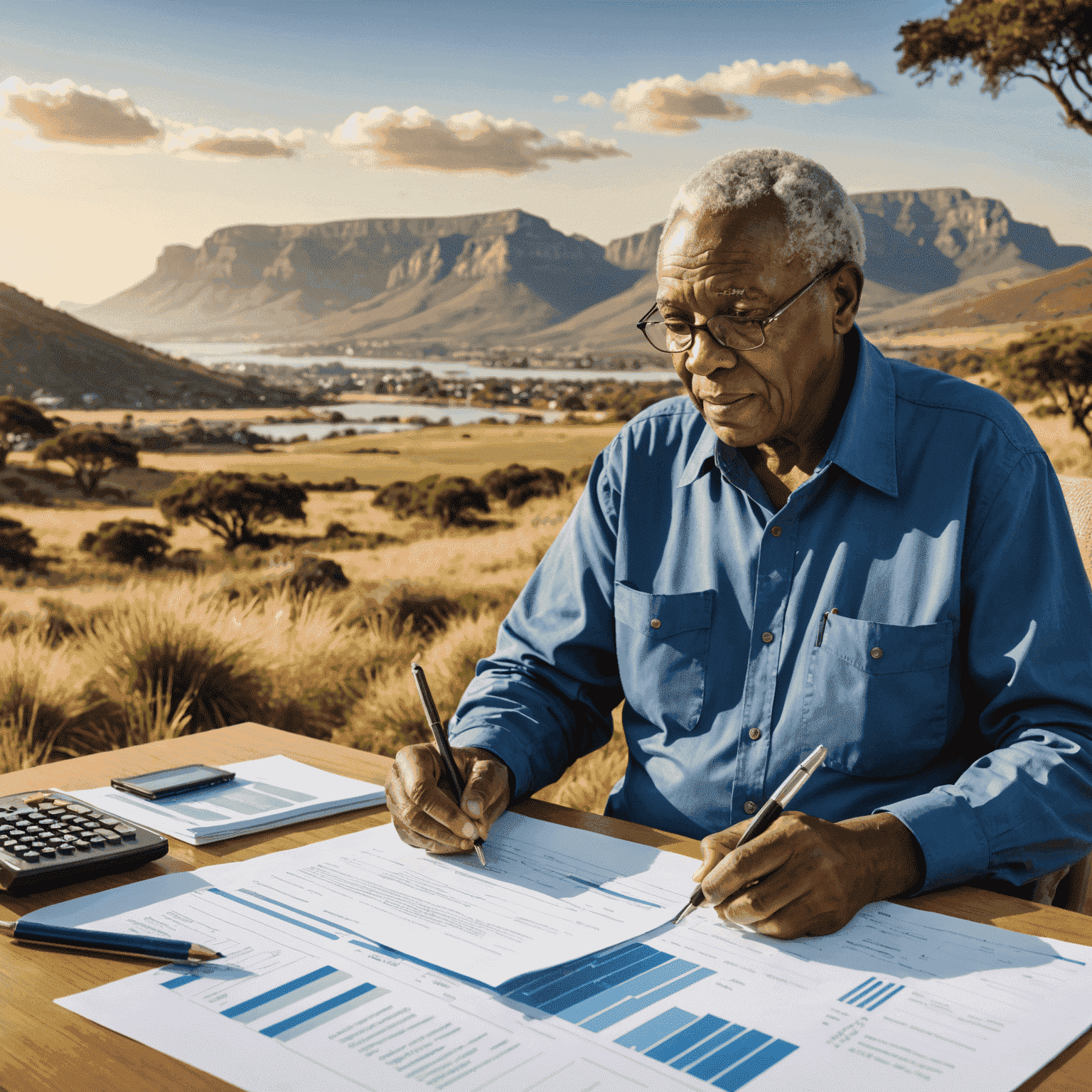 Illustration of a South African retiree reviewing financial documents, with charts showing tax savings and growth projections. The background features iconic South African landscapes.