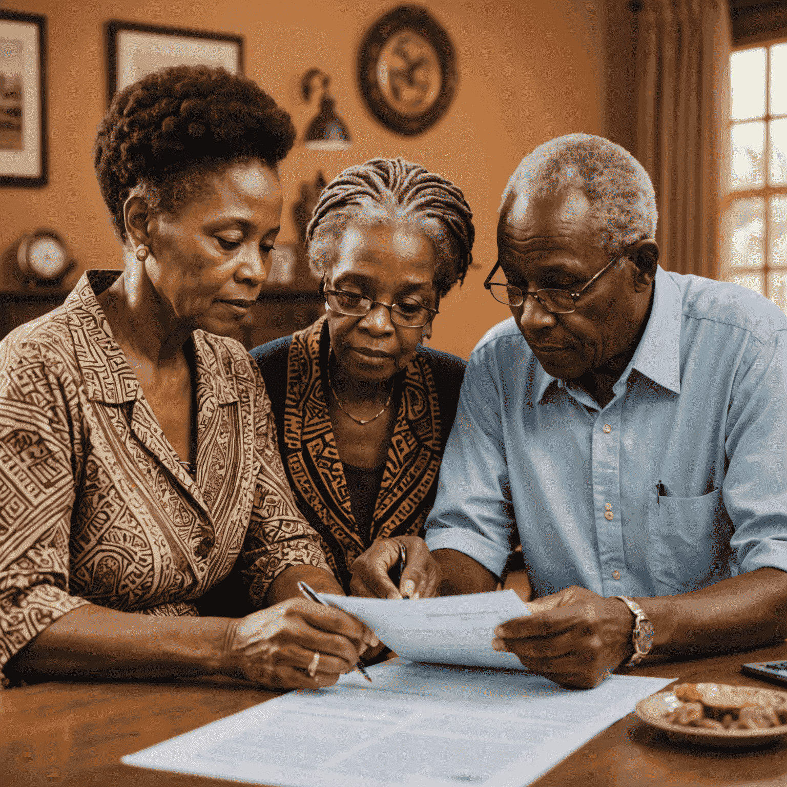 An elderly couple reviewing estate planning documents with a financial advisor. The image shows a warm, comforting scene with African-inspired decor in the background, emphasizing the importance of legacy planning in South African culture.