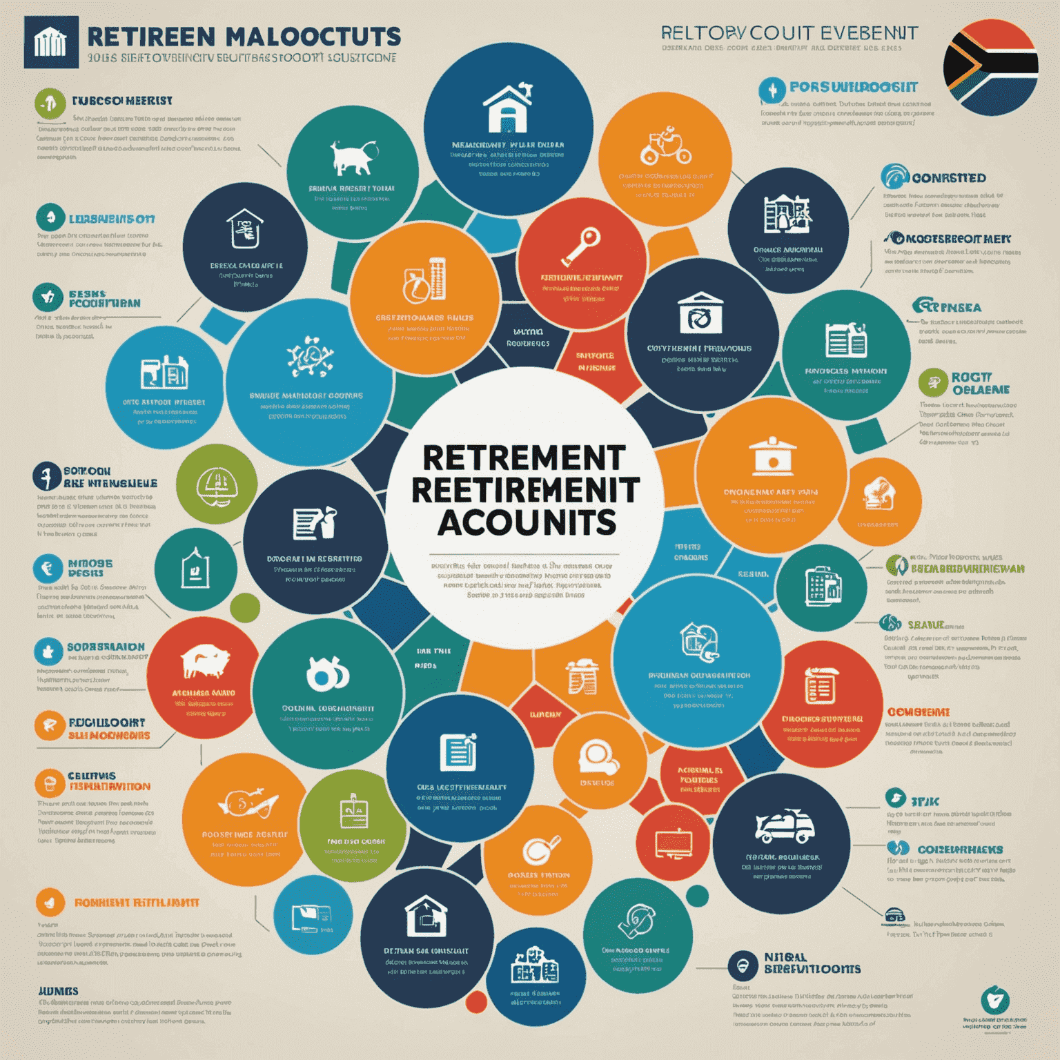 An infographic showing the different retirement account options in South Africa, with colorful icons representing each type (RAs, Pension Funds, Provident Funds, TFSAs, and Preservation Funds) and brief bullet points highlighting key features of each.