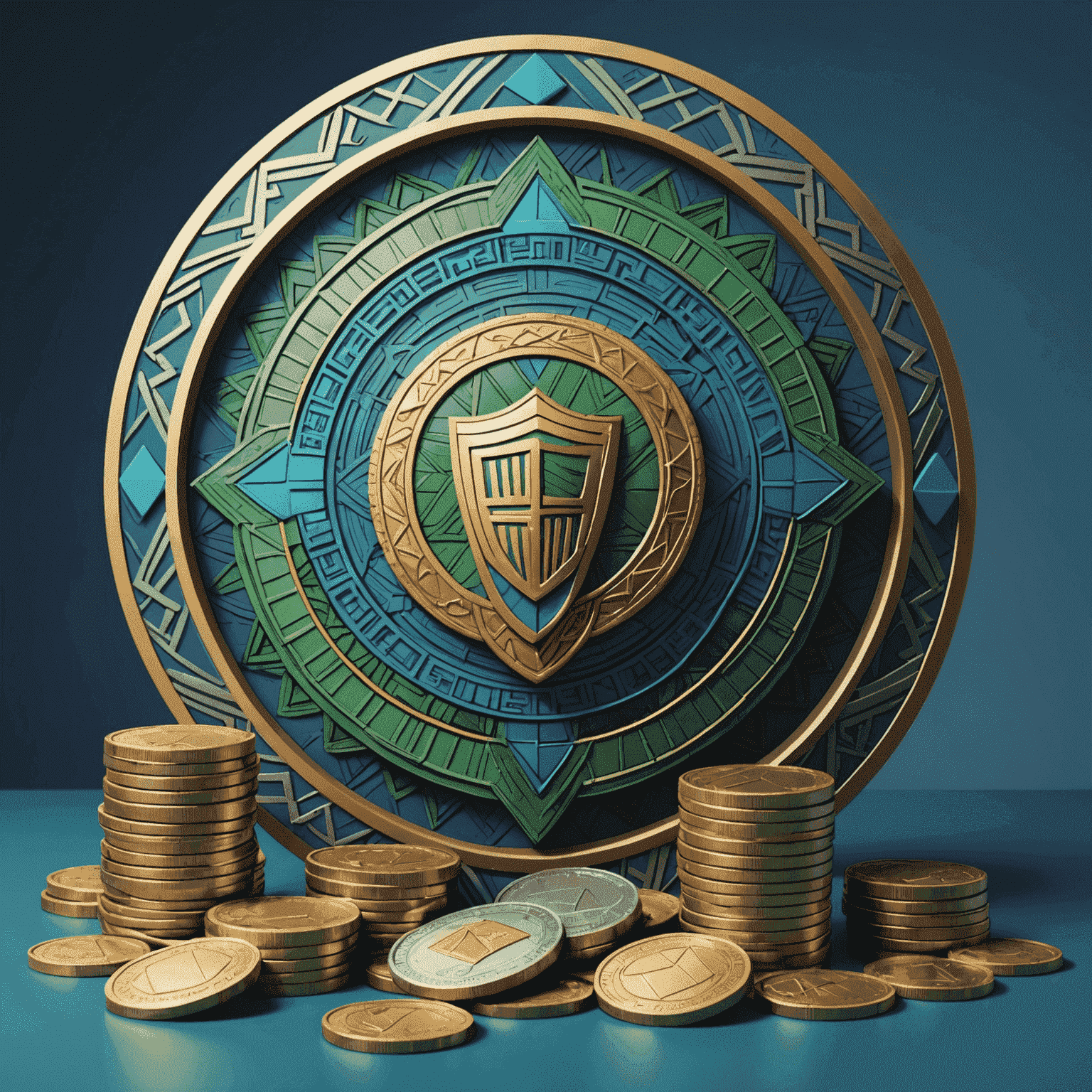 An illustration showing a shield protecting a stack of coins and financial documents. The shield is decorated with African-inspired geometric patterns in vibrant blues and greens.