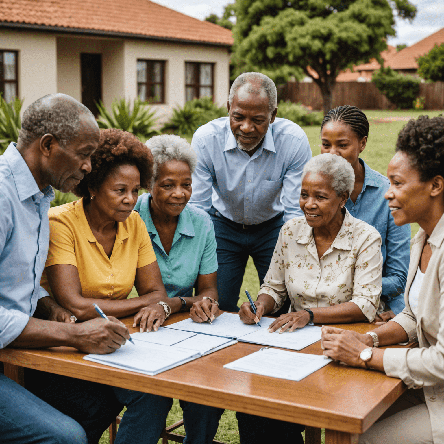 A diverse group of South African families discussing estate planning with financial advisors. The image showcases various age groups and ethnicities, emphasizing the universal importance of estate planning across all communities in South Africa.