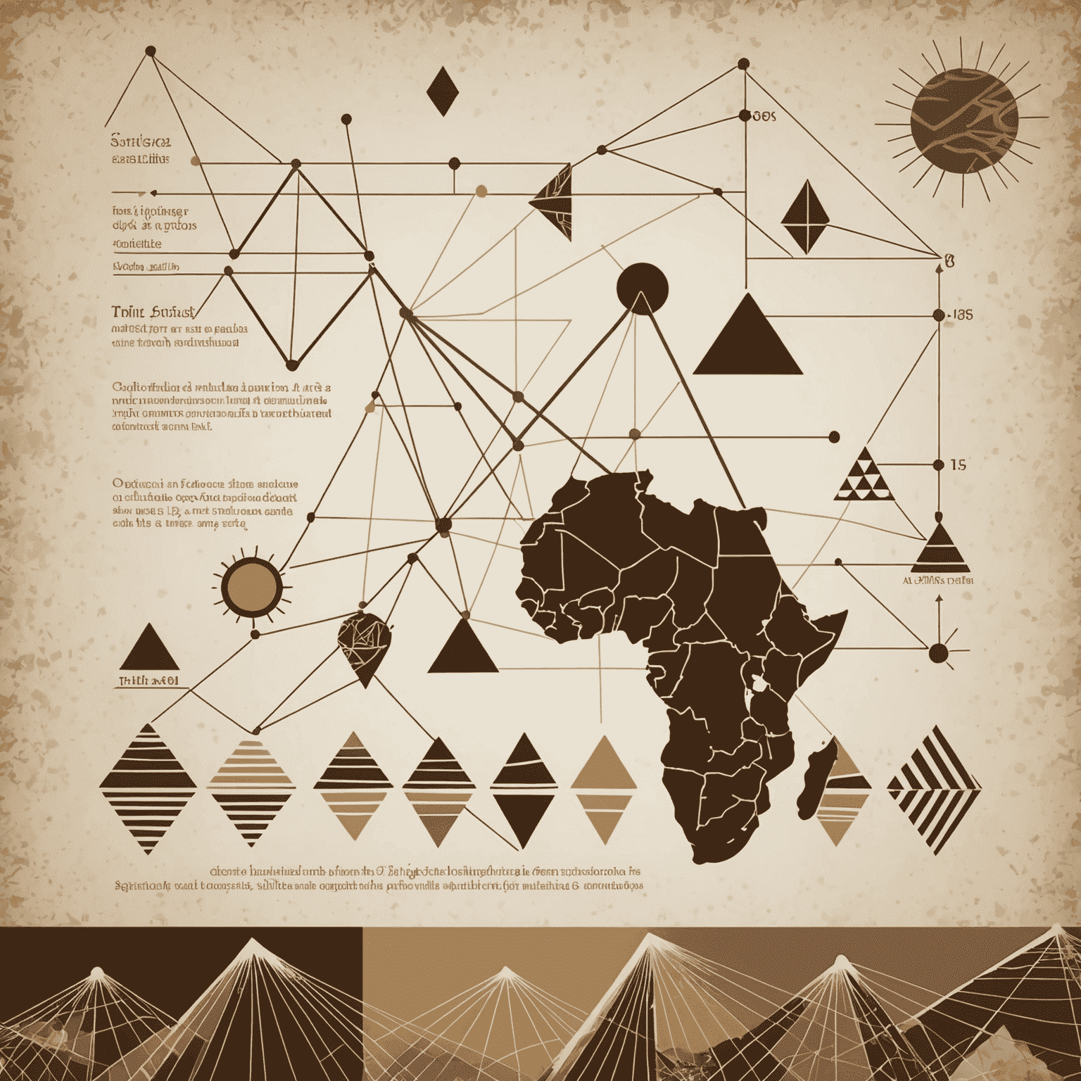 A line graph showing upward trend over time, with stylized African symbols representing milestones along the way. The background features a subtle pattern of triangles and zigzags in earth tones.